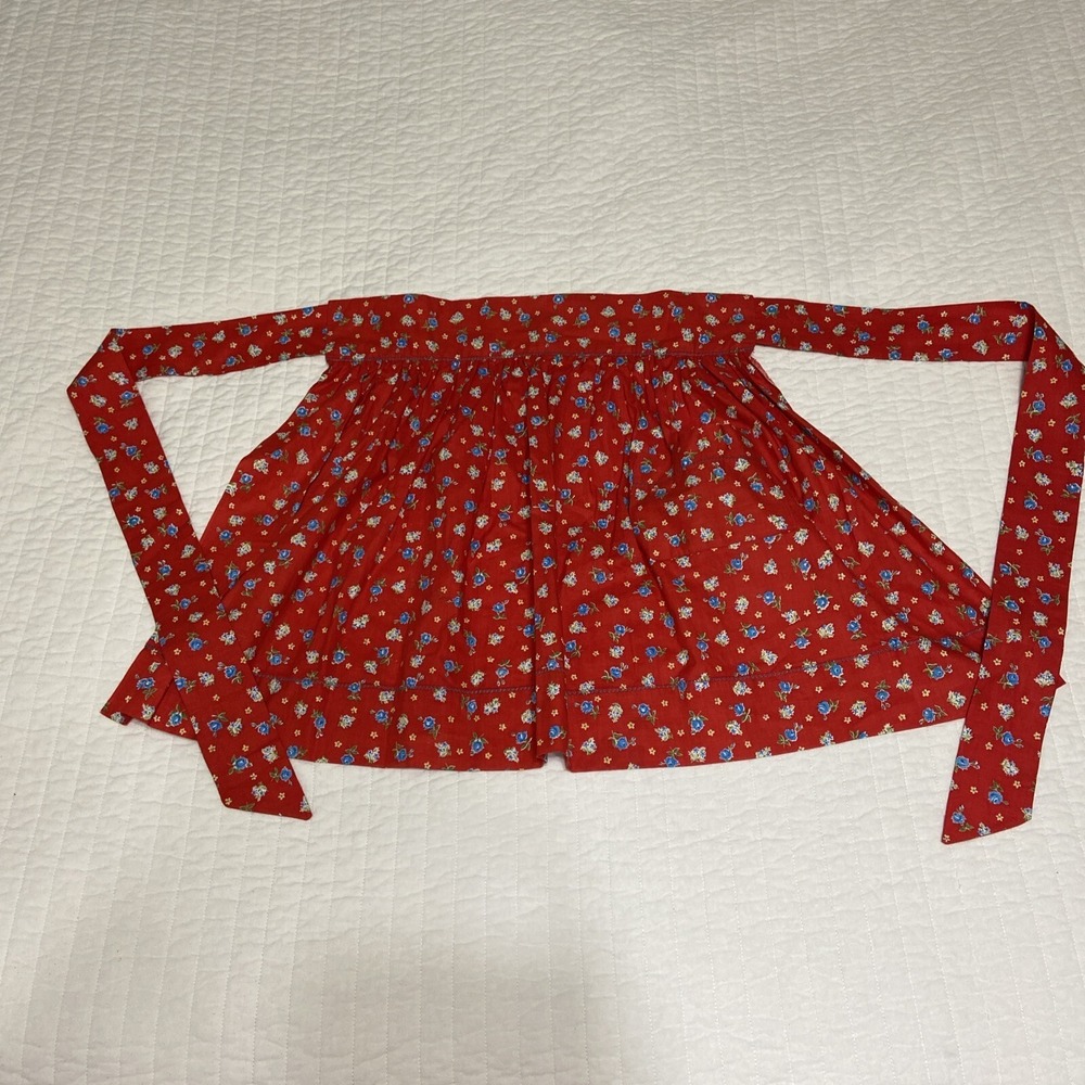 Red Blue Flowered Apron Pocket Handmade Size Large-XL